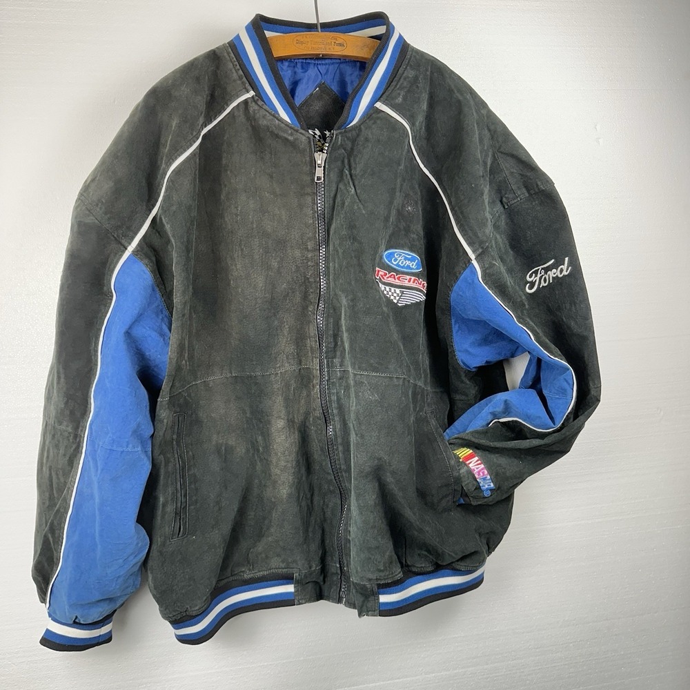 Vintage ESSEX Ford Racing NASCAR Jacket XXL Suede Leather Full Zip Black Blue 2X